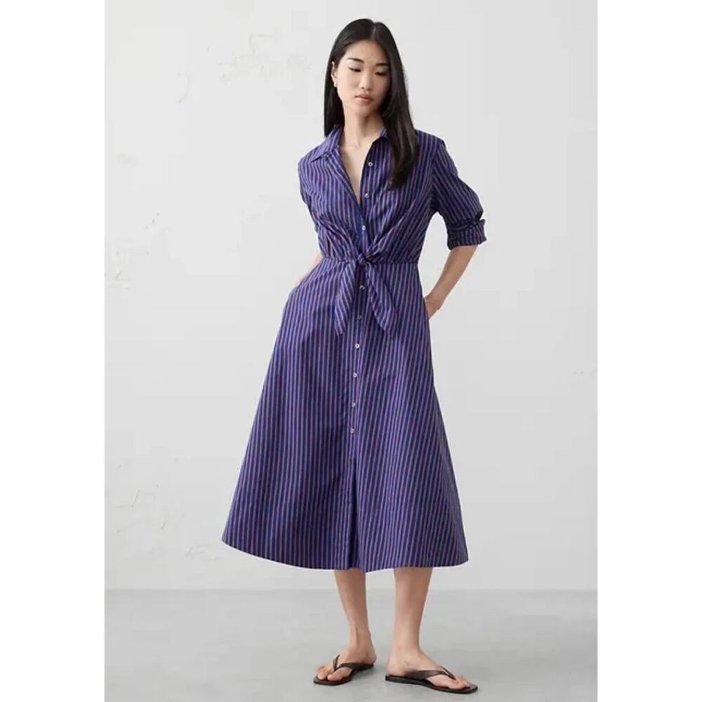 Banana Republic Shirtdress tie-front midi 100% cotton. Blue/Red Stripe women XS